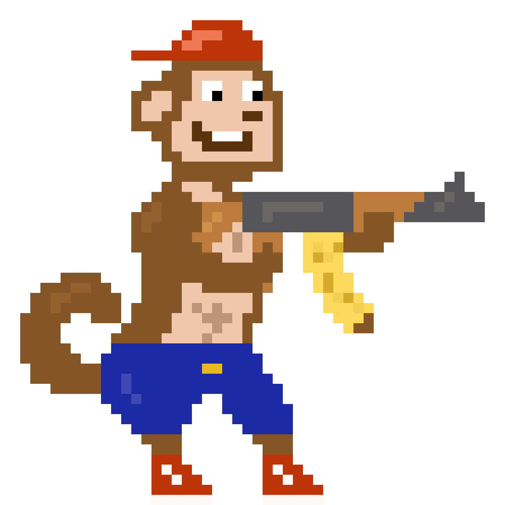 Pixel art of a monkey holding a banana gun