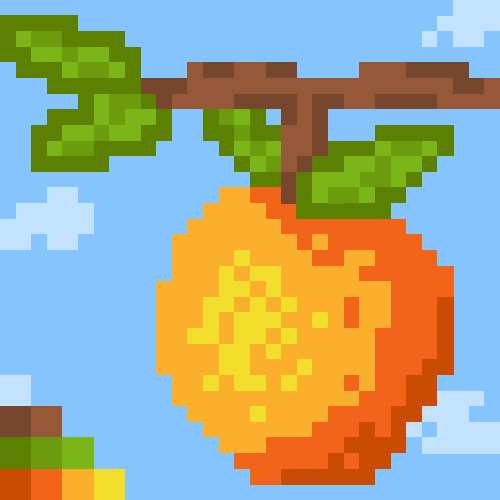 Pixel art peach hanging off of a tree branch