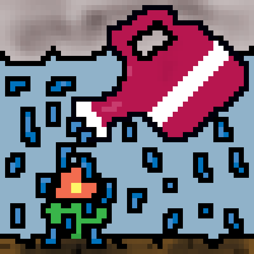 Pixel art of watering the garden while it’s raining